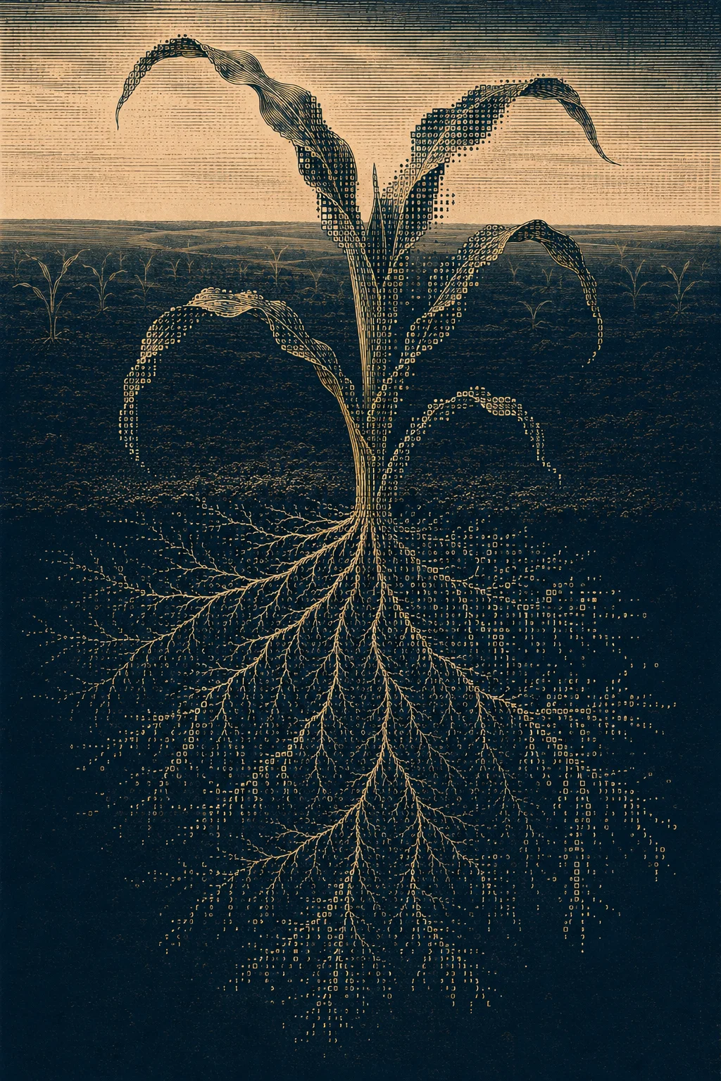 A young corn plant and its extensive roots emerge from engraved lines, ASCII-like characters and pixels, with a low Iowa horizon behind it
