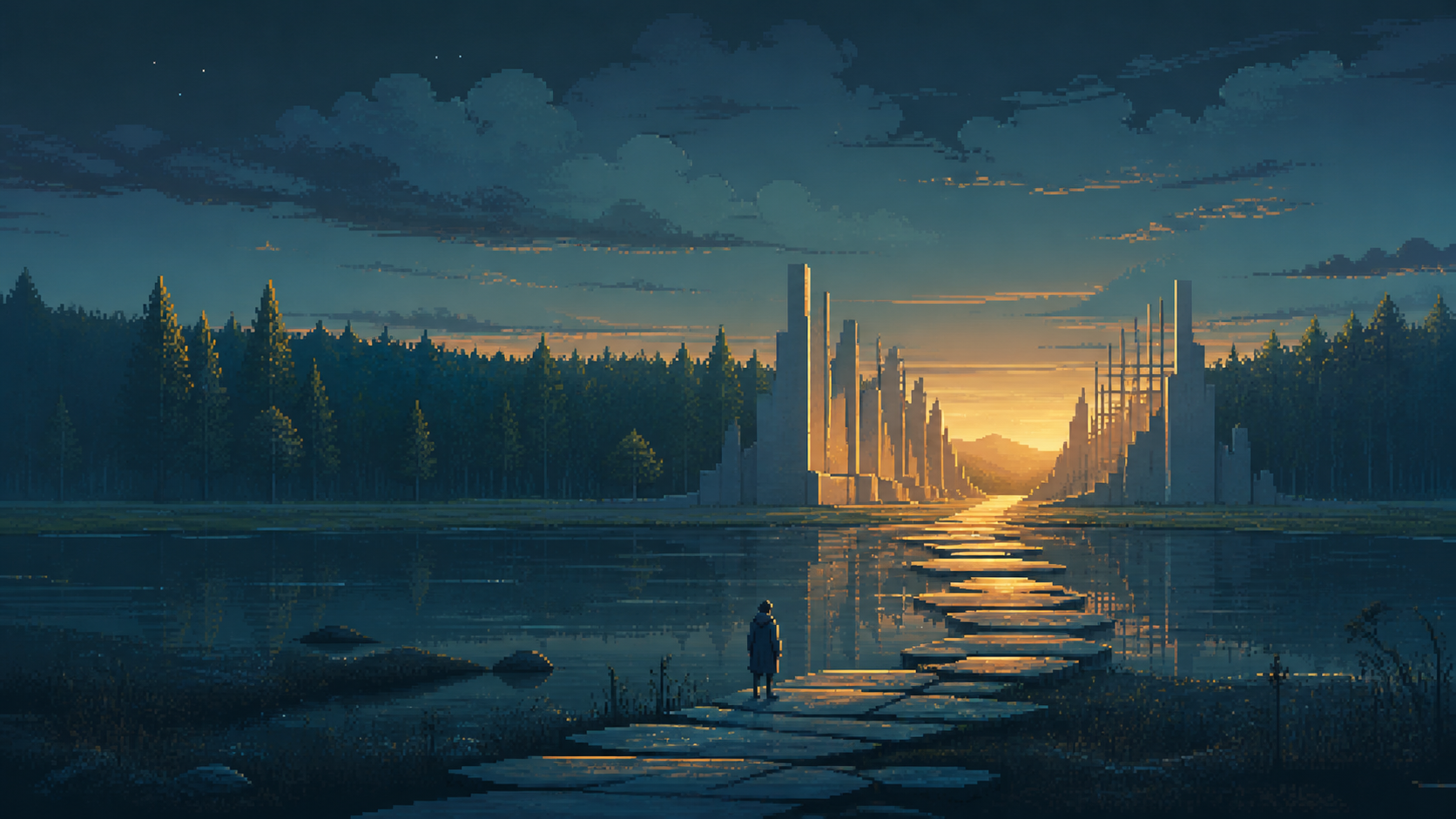 A lone figure approaches a luminous passage through a northern landscape